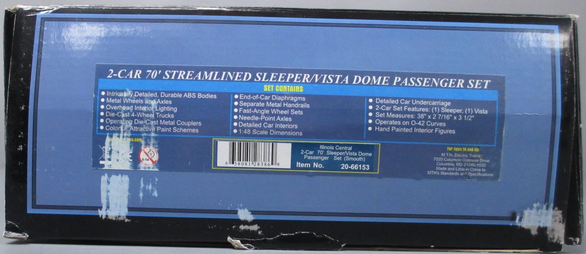 MTH 20-66153 O Ilinois Central Streamlined 70' Sleeper/Vista Dome Set (Set of 2)