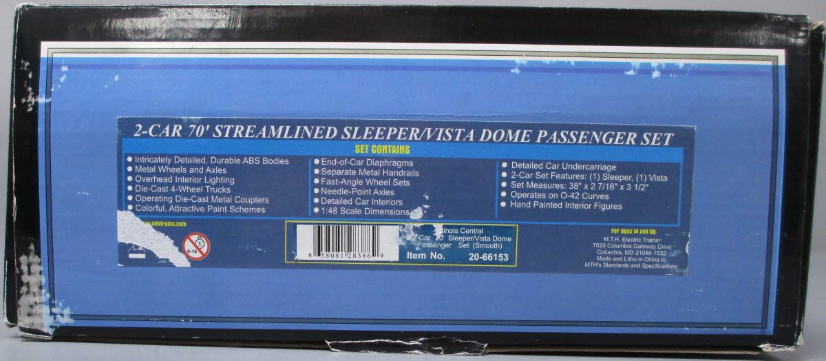 MTH 20-66153 O Ilinois Central Streamlined 70' Sleeper/Vista Dome Set (Set of 2)