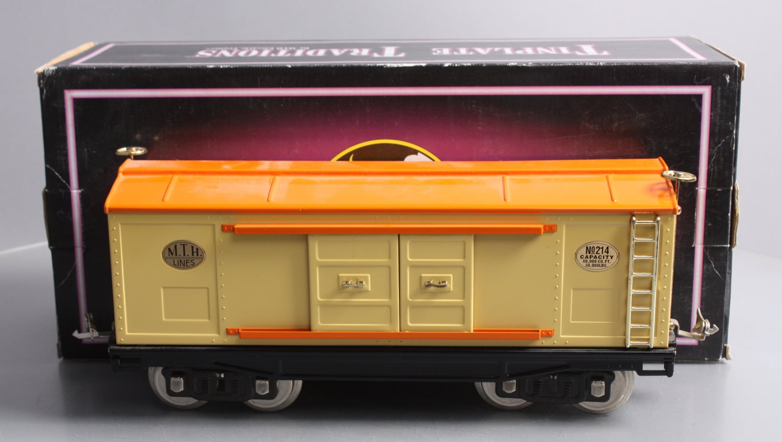 MTH 10-202 Std. Gauge 214 Tinplate Cream & Orange Box Car with Brass Trim