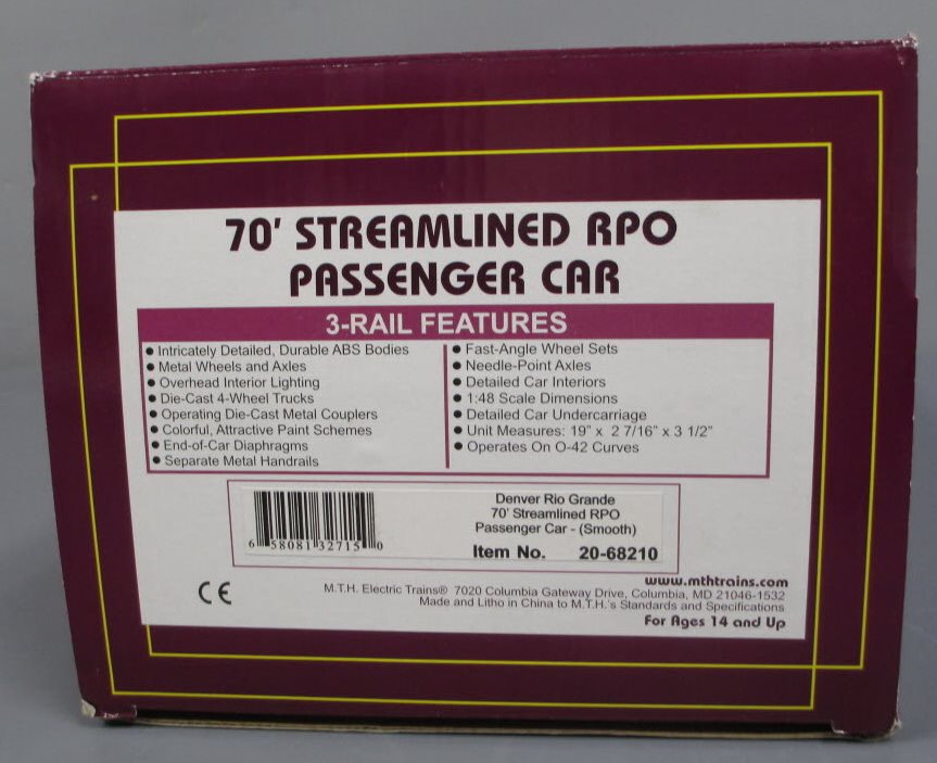 MTH 20-68210 O Gauge D&RGW 70' Passenger Car #1200