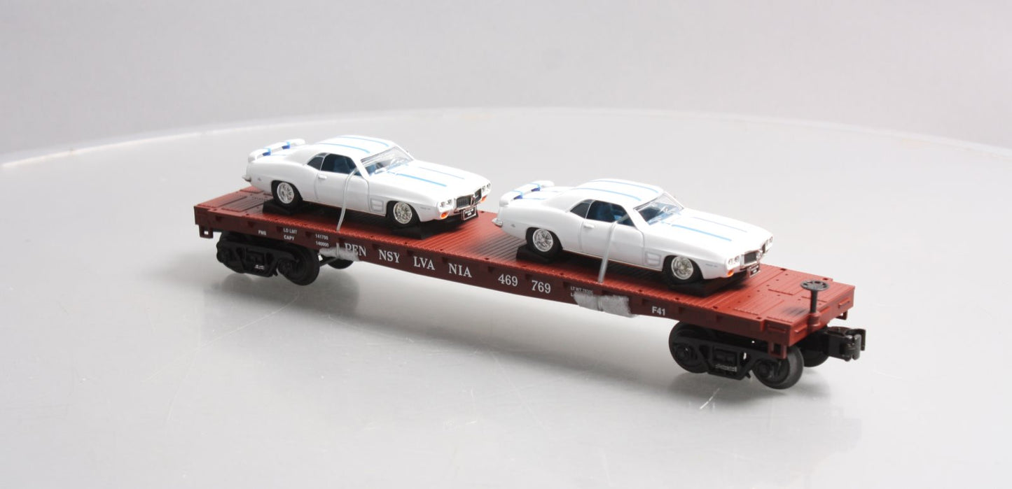 MTH 30-76724 O Pennsylvania Flat Car with 2 '69 Pontiac Firebird (White) #469769