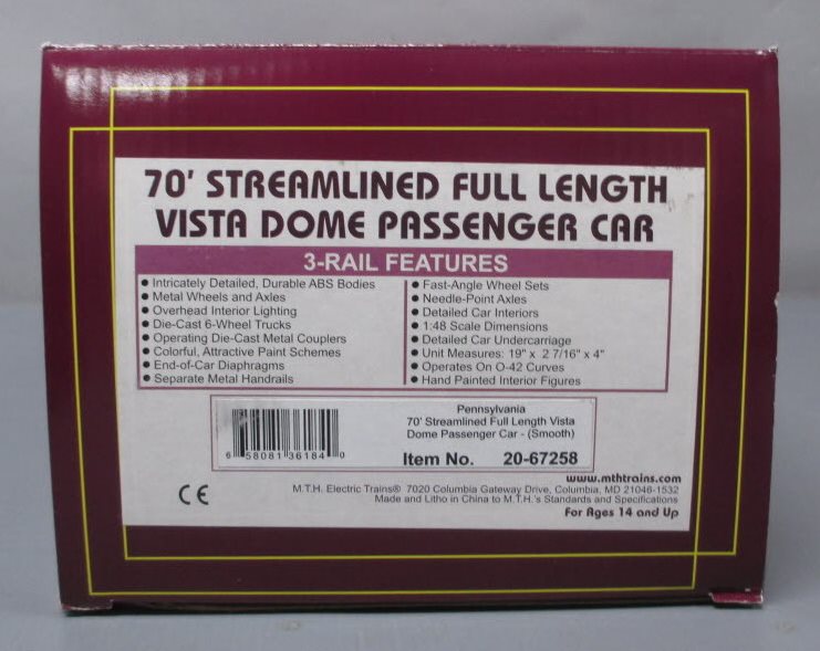 MTH 20-67258 O Pennsylvania 70' ABS Full Length Vista Dome Passenger Car