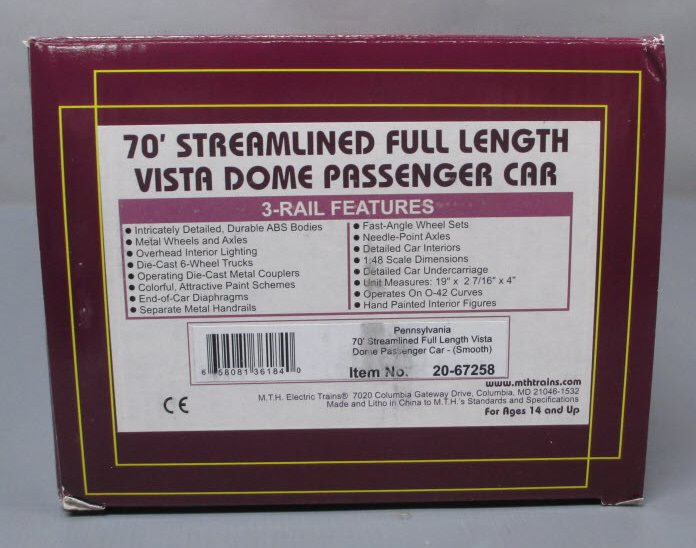MTH 20-67258 O Pennsylvania 70' ABS Full Length Vista Dome Passenger Car