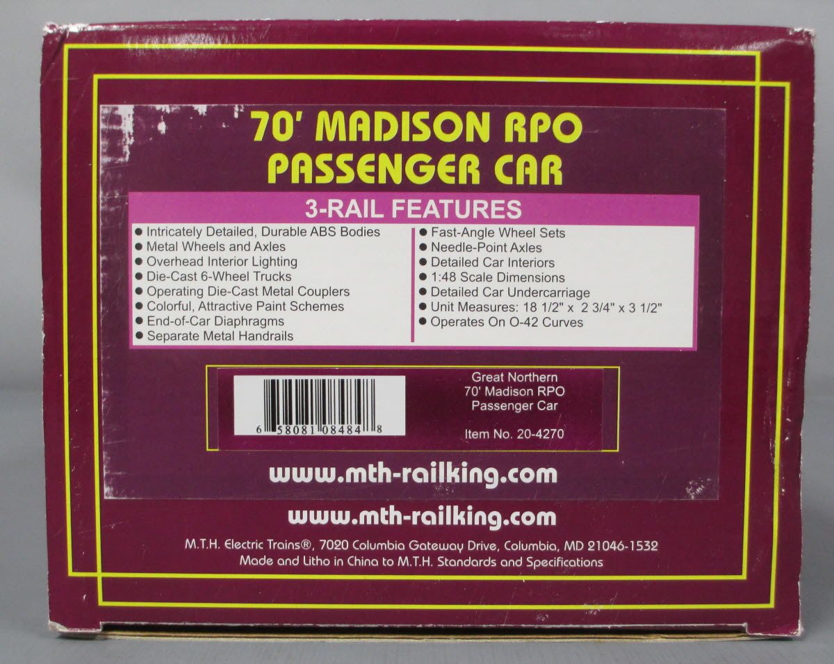 MTh 20-4270 O Gauge Great Northern 70‘ Madison RPO Passenger Car #40