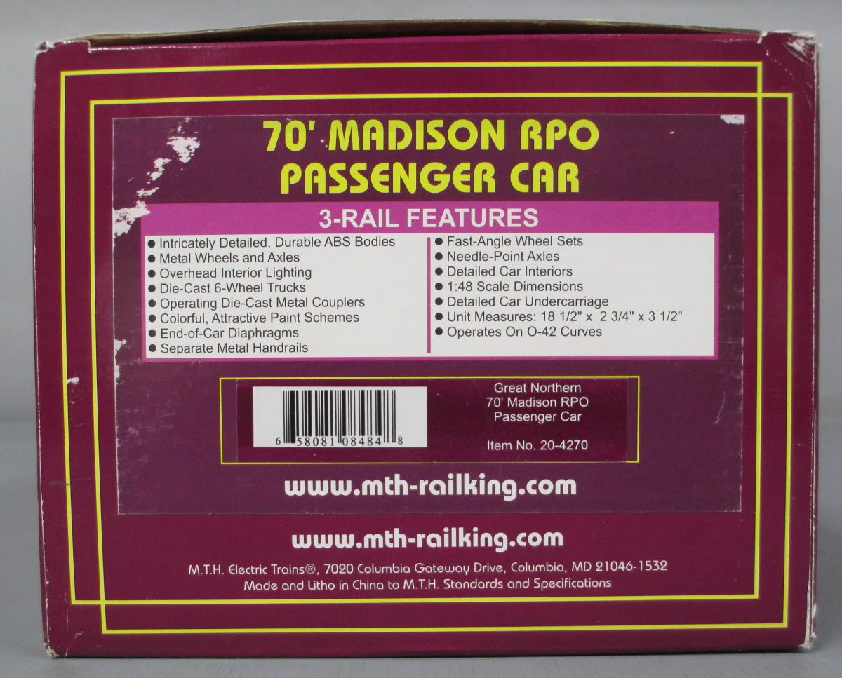 MTh 20-4270 O Gauge Great Northern 70‘ Madison RPO Passenger Car #40