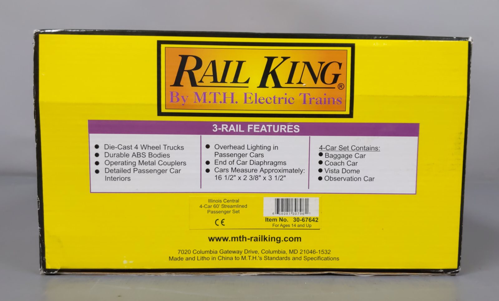 MTH 30-67642 O Illinois Central 60' Streamlined Passenger Car Set (Set of 4)