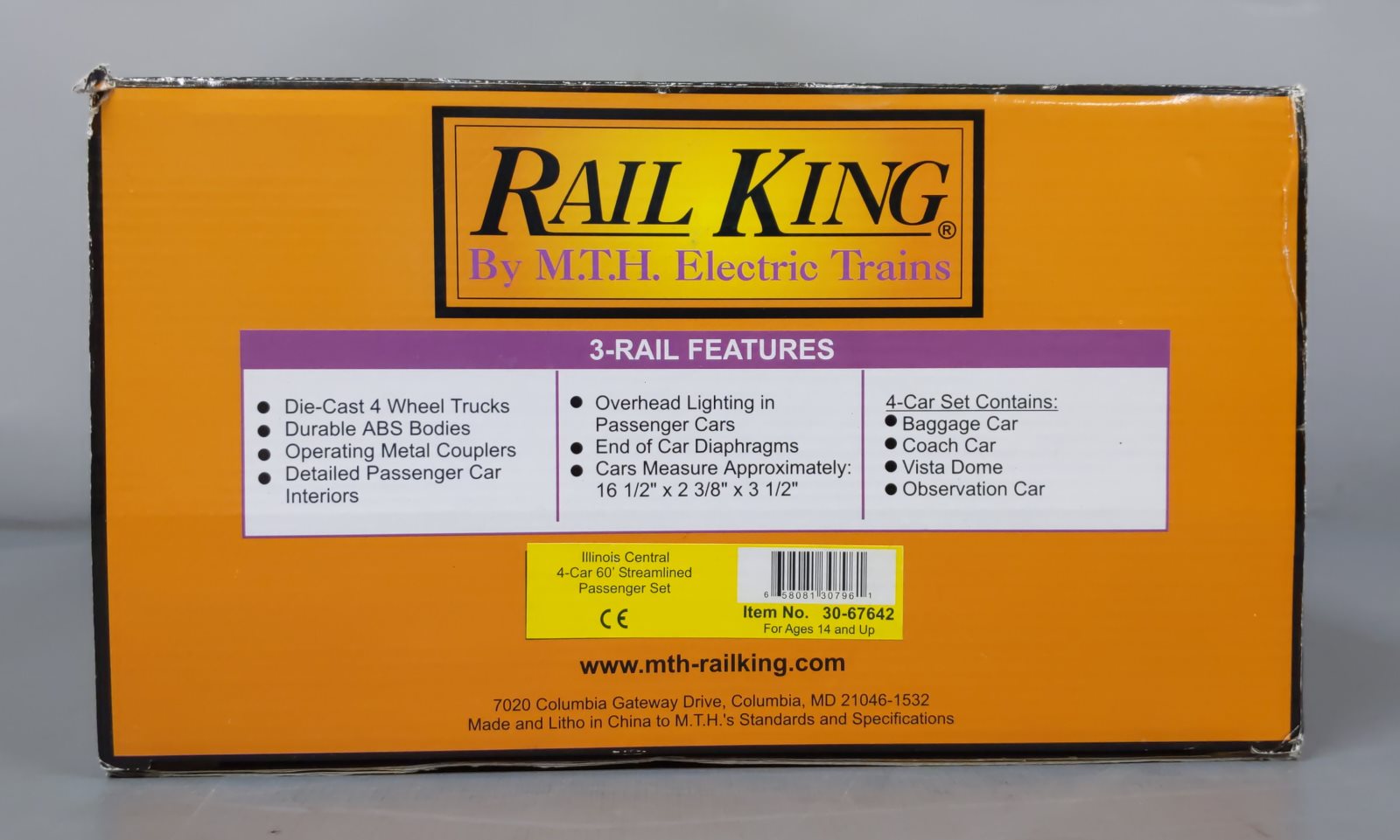 MTH 30-67642 O Illinois Central 60' Streamlined Passenger Car Set (Set of 4)