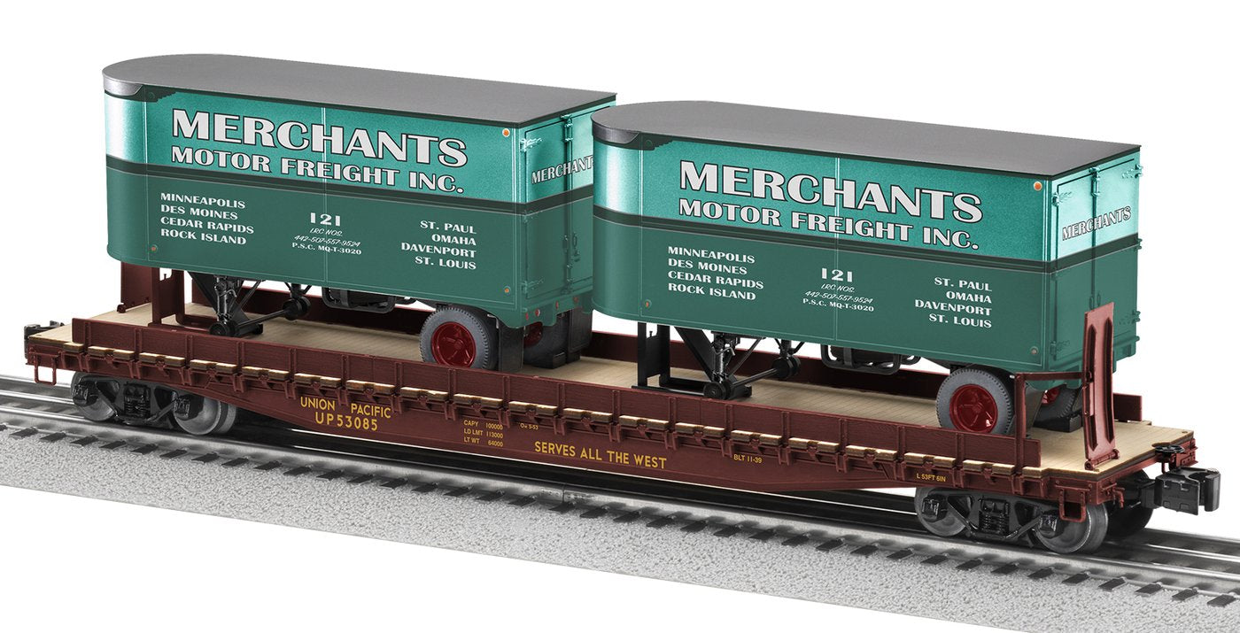 Lionel 2026651 Union Pacific 50' Flatcar with Merchants 20' Trailers #53085
