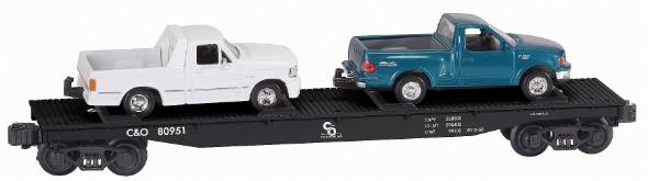 Lionel 6-22302 C&O Flat Car w/ 2 Pickup Trucks