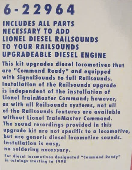 Lionel 6-22964 RailSounds Upgrade Kit w/Diesel Railsounds