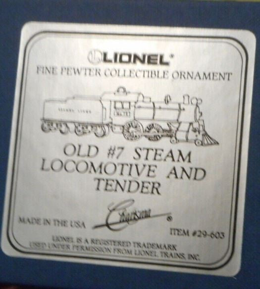 Lionel 29-603 Fine Pewter Collectible Ornament Old #7 Steam Locomotive &Tender