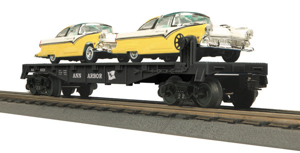 MTH 30-76311 Ann Arbor Flat Car with 2 '55 Ford Fairlane Crown Victoria