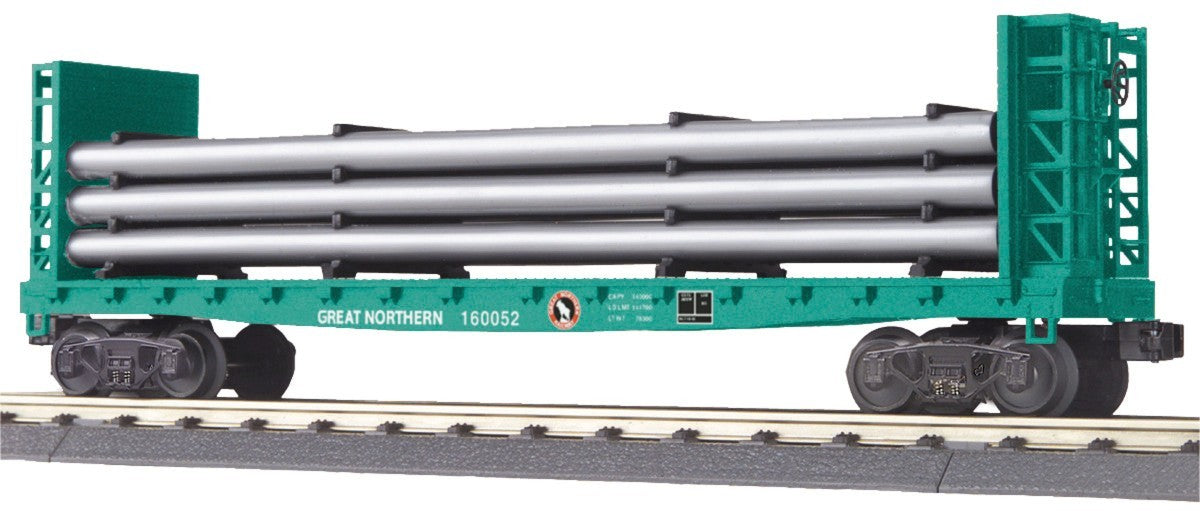 MTH 30-76317 O Gauge Great Northern Flat Car w/Bulkheads & Pipe Load