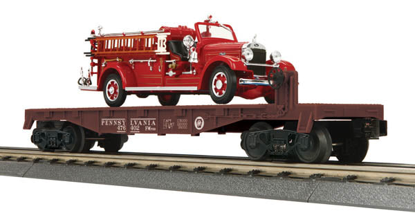 MTH 30-76402 PRR Flatcar w/35 Mack Type 75BX Fire Truck