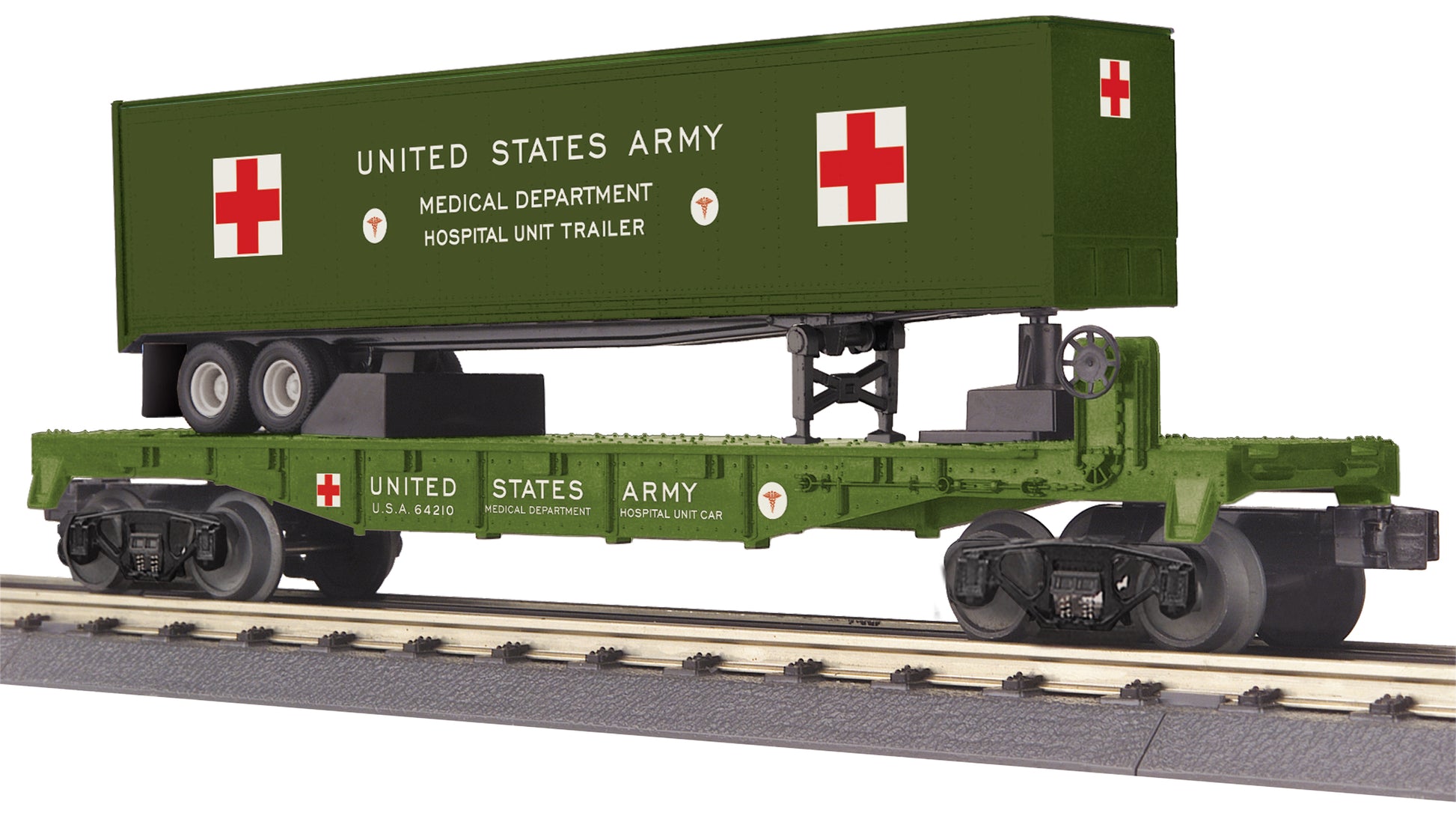 MTH 30-76854 O U.S. Army Flatcar with 40' Trailer #64210