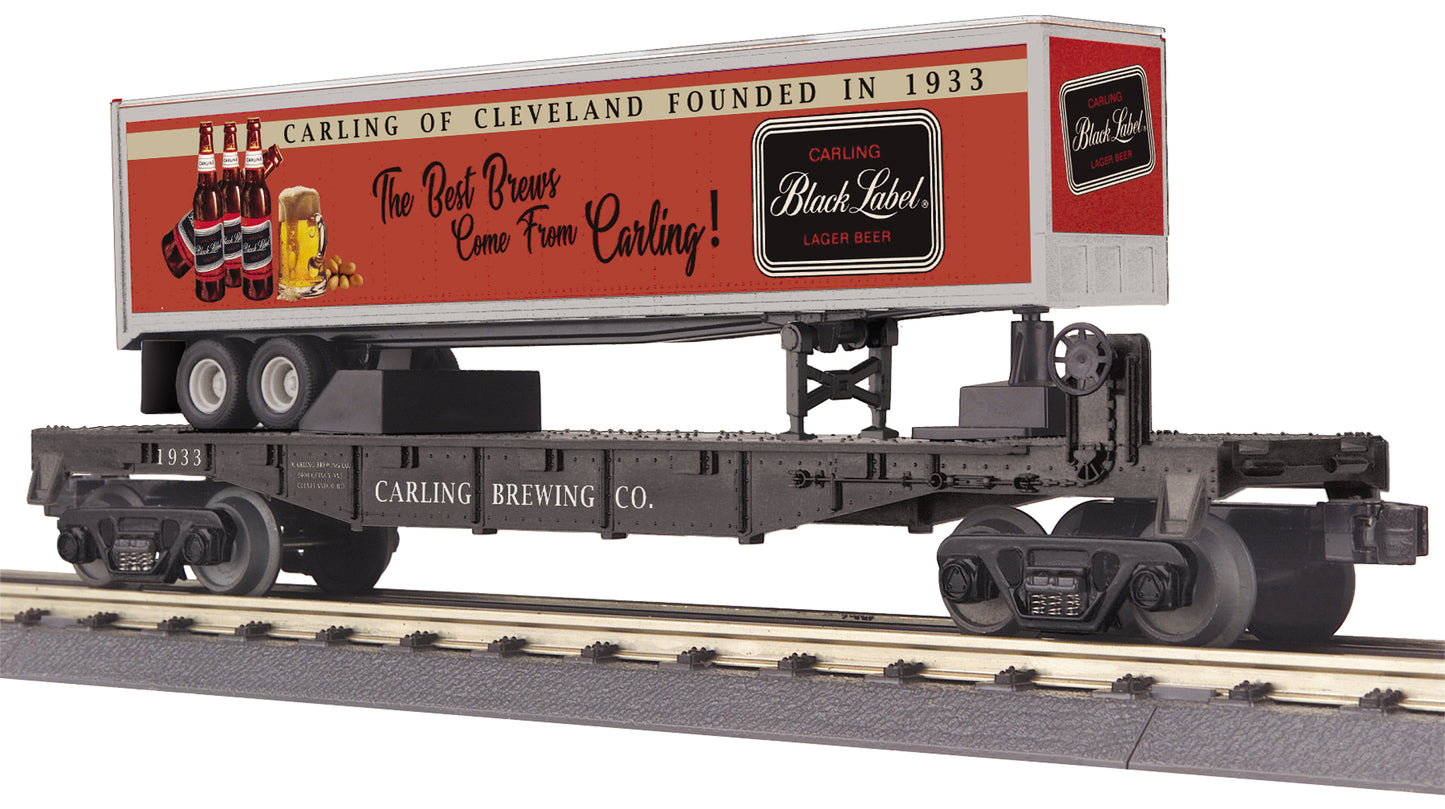 MTH 30-76856 O Carling Black Label Flat Car with 40' Trailer