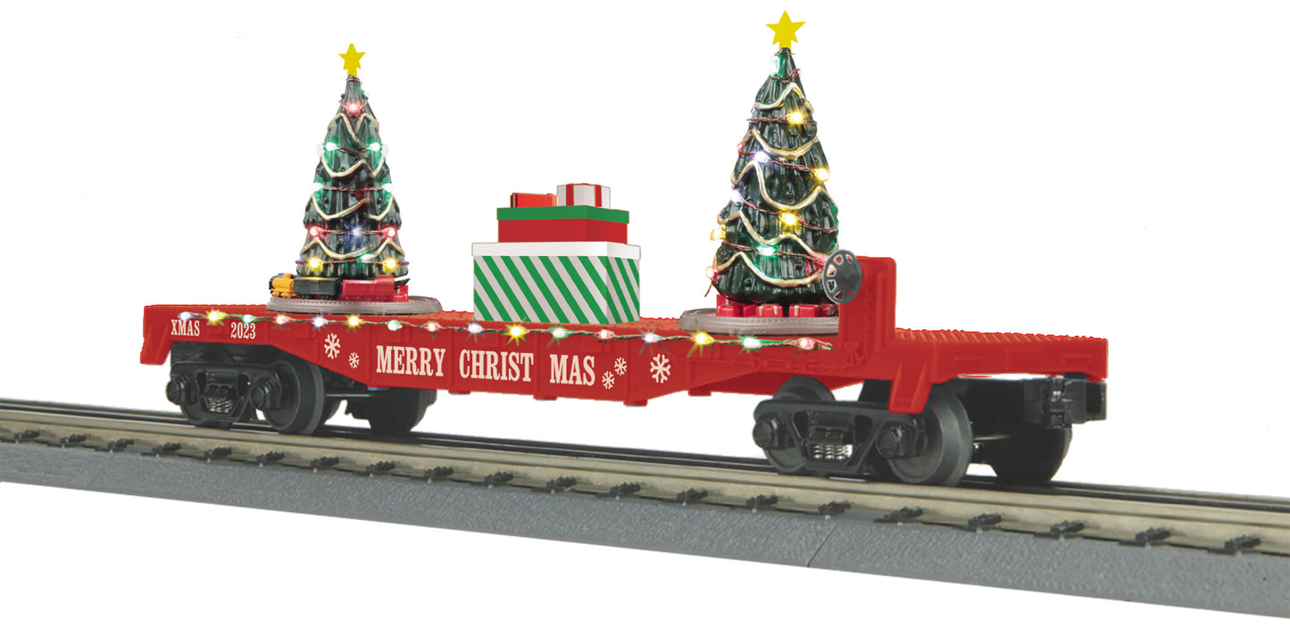 MTH 30-76865 O Christmas Red Flat Car w/Lighted Christmas Trees #2023