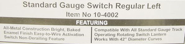 MTH 10-4002 Standard Gauge Left Hand 42 Inch Remote Switch