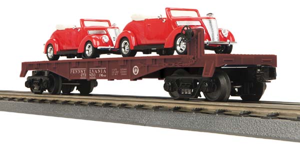 MTH 30-76380 PRR Flat Car with 2 '37 Ford V8 Convertibles