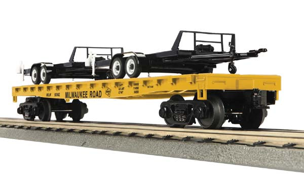 MTH 30-76390 O Gauge Milwaukee Road Flat Car w/ 2 Car Trailers #61042