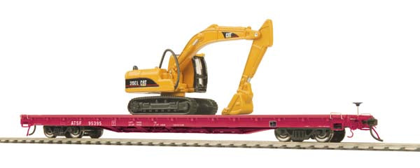 MTH 80-98029 Santa Fe HO Scale 60' Wood Deck Flat Car w/315C Hydraulic Excavator