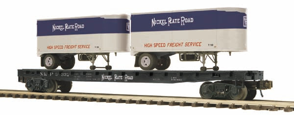 MTH 20-98834 O Gauge Nickel Plate Road Flat Car w/ 2 Pup Trailers #3348