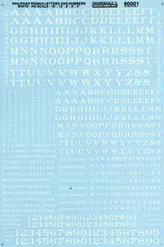 Microscale 90001 White Railroad Roman Letters and Numbers Decal Sheet