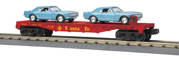 MTH 30-76443 Santa Fe -27 Flat w/2 '67 Chevy Camaros