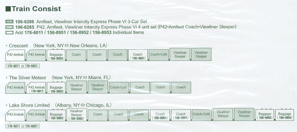 Kato 106-6286 N Amtrak Amfleet Viewliner Intercity Express Phase VI Add On Cars