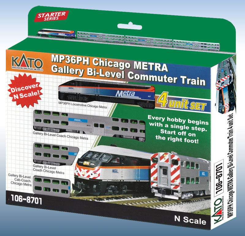 Kato 106-8701 N Scale Chicago Metra MP36PH Bi-Level Commuter Train 4-Unit Set