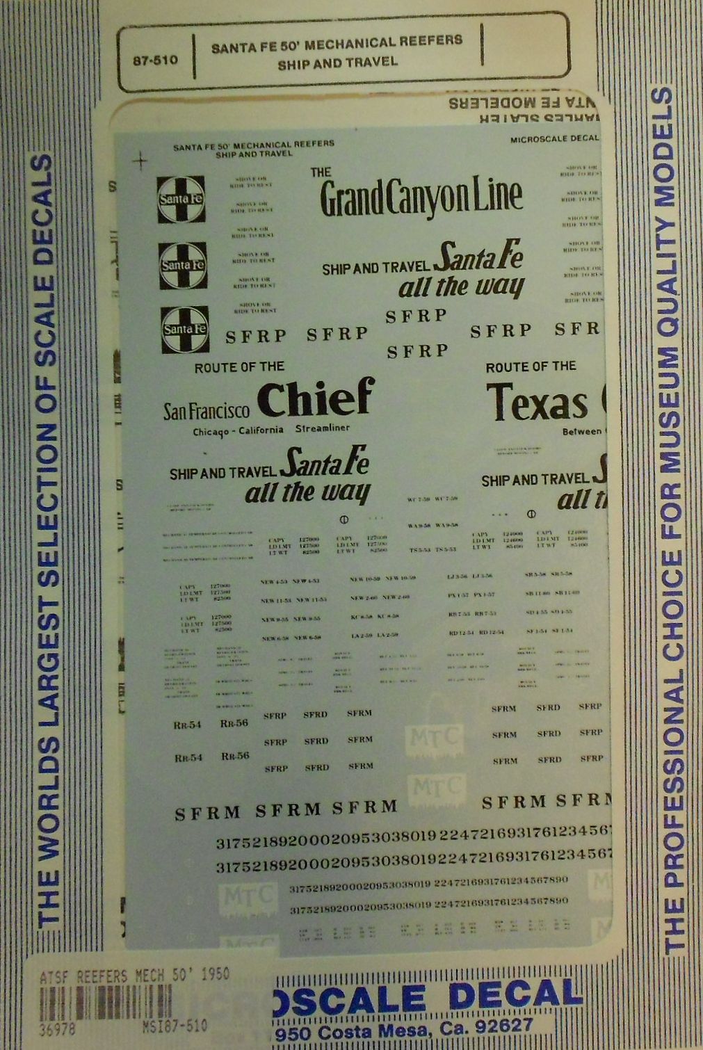 Microscale 87-510 HO Santa Fe 50'' Mechanical Reefers Ship and Travel Decal Shee