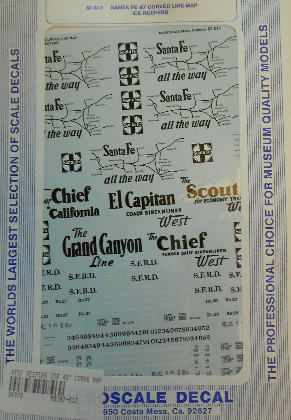 Microscale 87-517 HO Santa Fe 40'' Curved Line Map Ice Reefers Decal Sheet