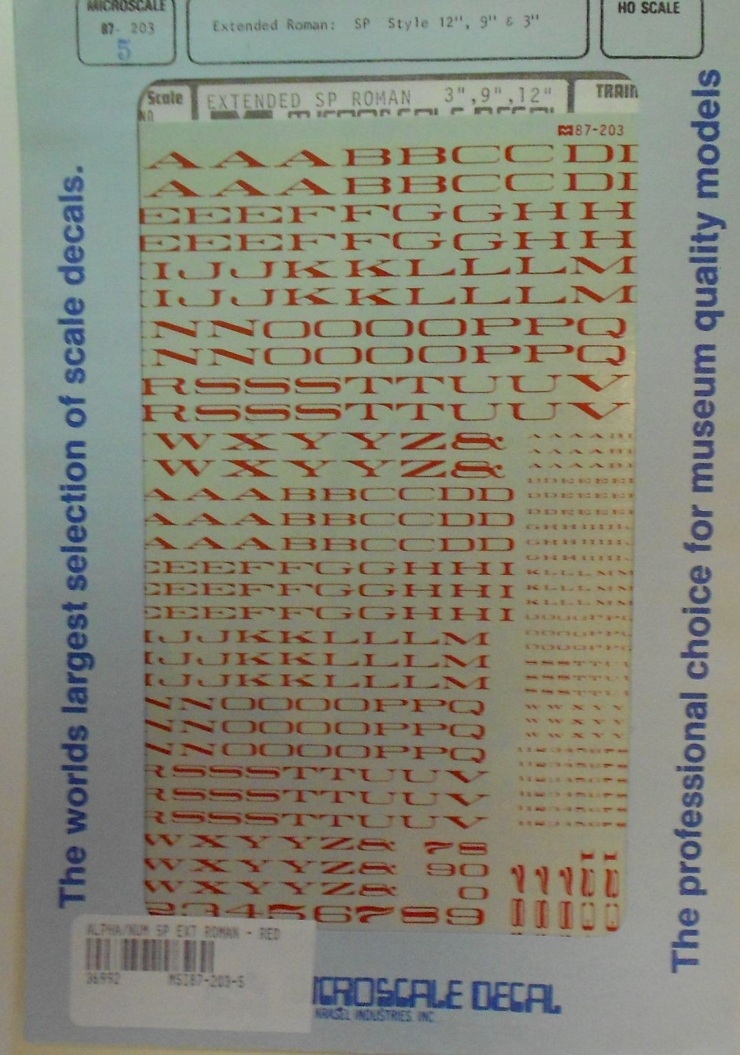Microscale 87-203-5 HO 12", 9" & 3" Red SP Extended Roman Alphabet Decal Sheet