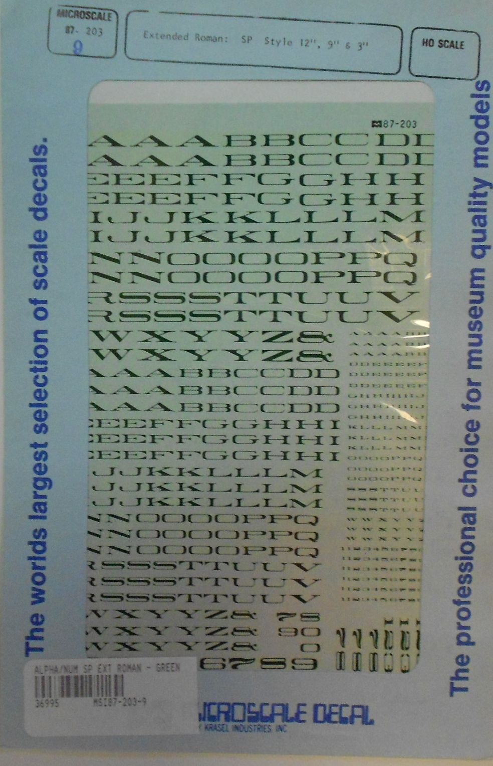 Microscale 87-203-G HO 12", 9" & 3" Green SP Style Extended Roman Decal Sheet