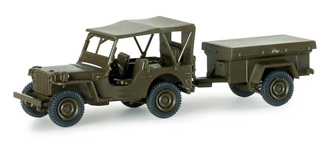Herpa 741989 HO Roco U.S. Army Willy's Jeep + Anh Trailer MiniTanks