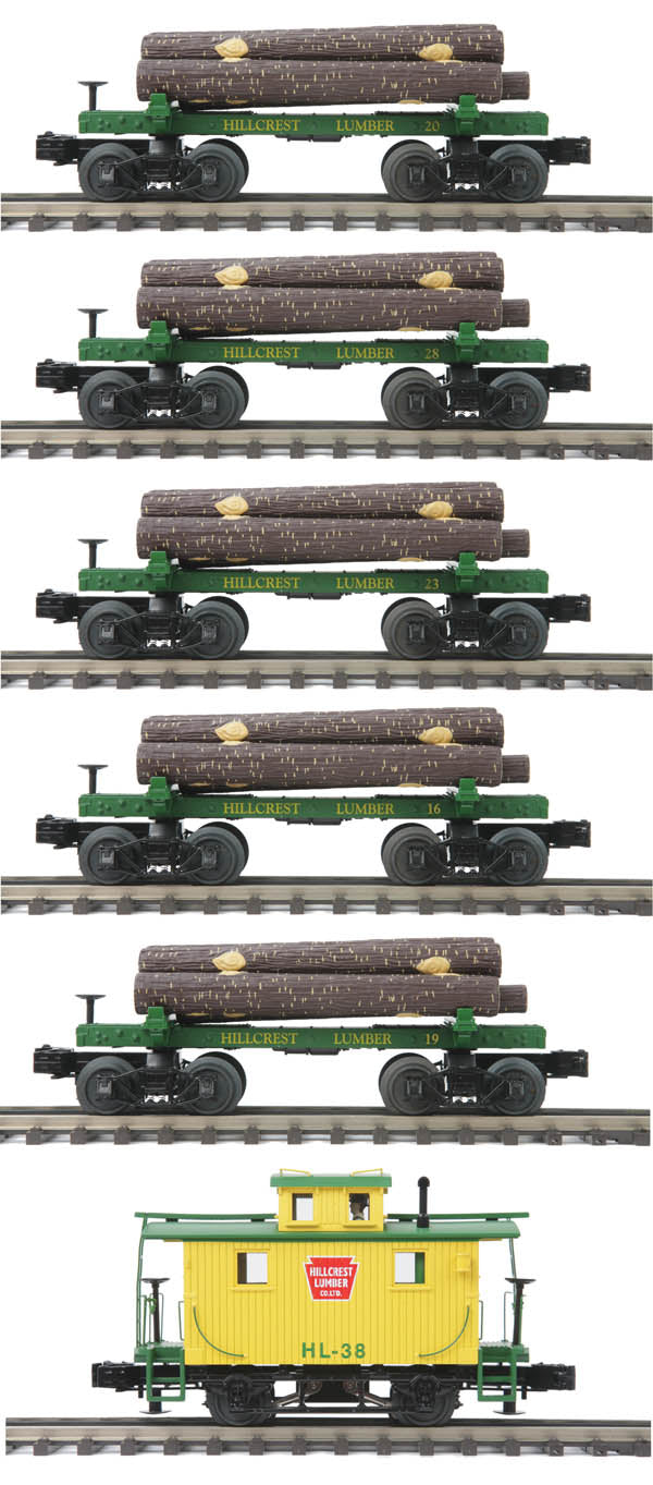 MTH 20-90669 O Hillcrest Lumber Co Skeleton Flat Car Set w/Load & Cab (Set of 5)