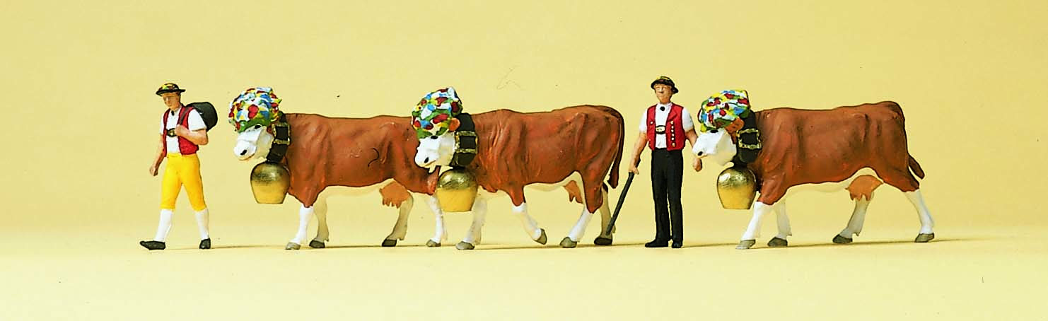 Preiser 10404 HO Swiss Dairymen with Cows Figures (Set of 5)