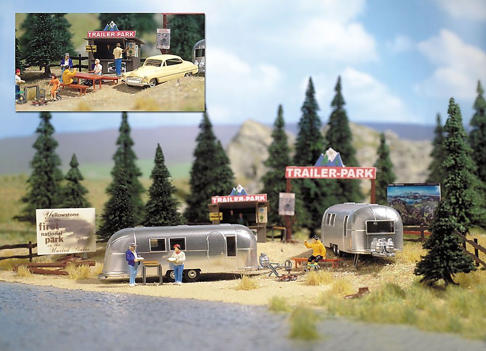 Busch 1054 HO Scale Camping Trailer Park Scene With 2-Airstream Trailers Kit
