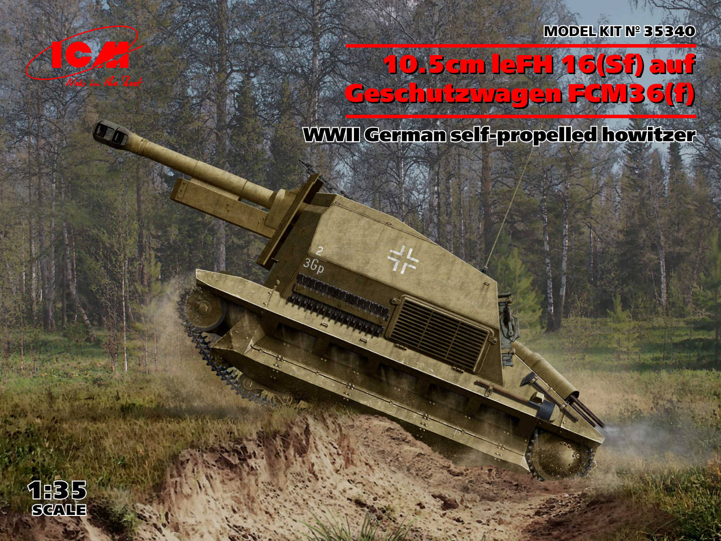 ICM 35340 1:35 10.5cm leFH 16(Sf) auf Geschutzwagen FCM36(f) Plastic Model Kit