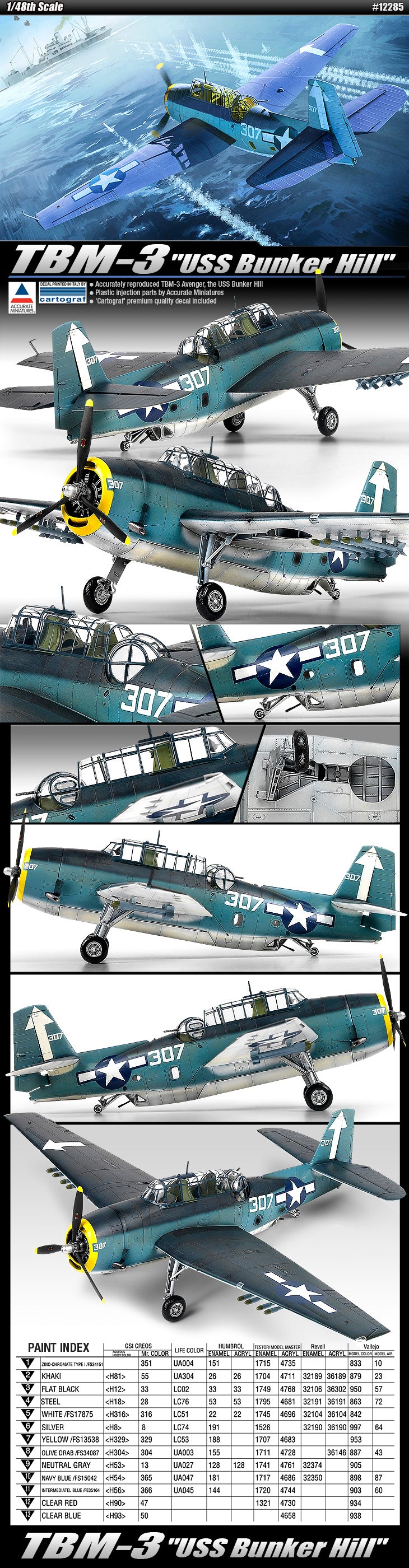 Academy 12285 1:48 TBM-3 USS Bunker Hill Torpedo Bomber Military Plane Kit