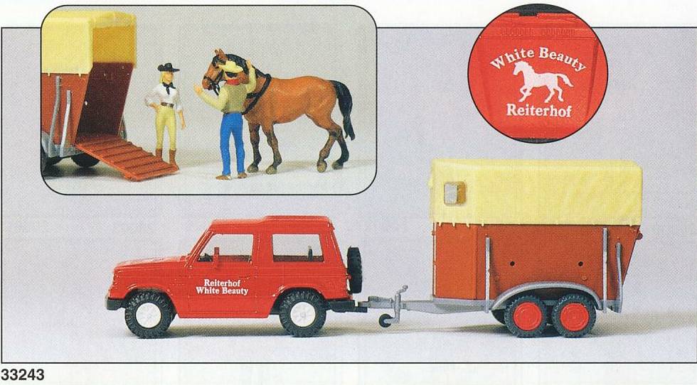Preiser 33243 HO Mitsubishi Pajero Car with Trailer, Horse & Figures