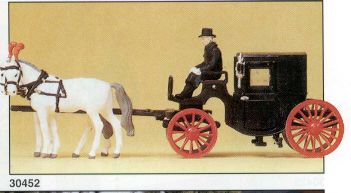 Preiser 30452 HO Black Closed Carriage w/Horses & Driver Figure