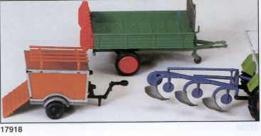 Preiser 17918 HO Plough, Dung spreader, & Pig Transportation Trailer (Set of 3)