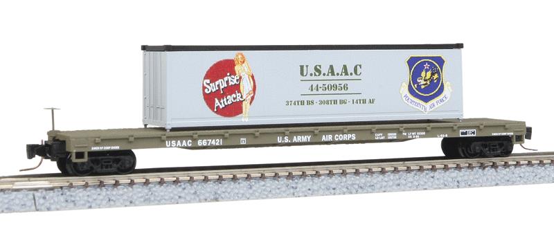 MicroTrains 52400103 Z USAAC 60' Steel Flatcar w/40' Container Load