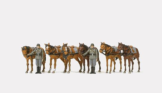 Preiser 16597 HO Standing Draught Horses & Soldiers Figure Kit (Set of 8)