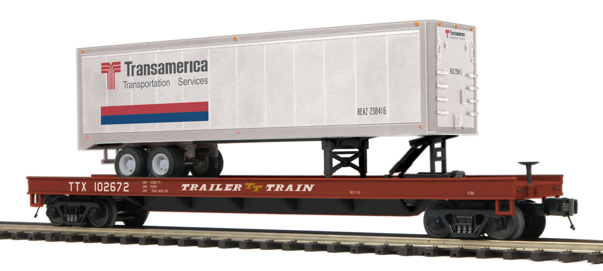 MTH 20-95122 O Trailer Train Transamerica Flat Car w/ 40' Trailer #102672