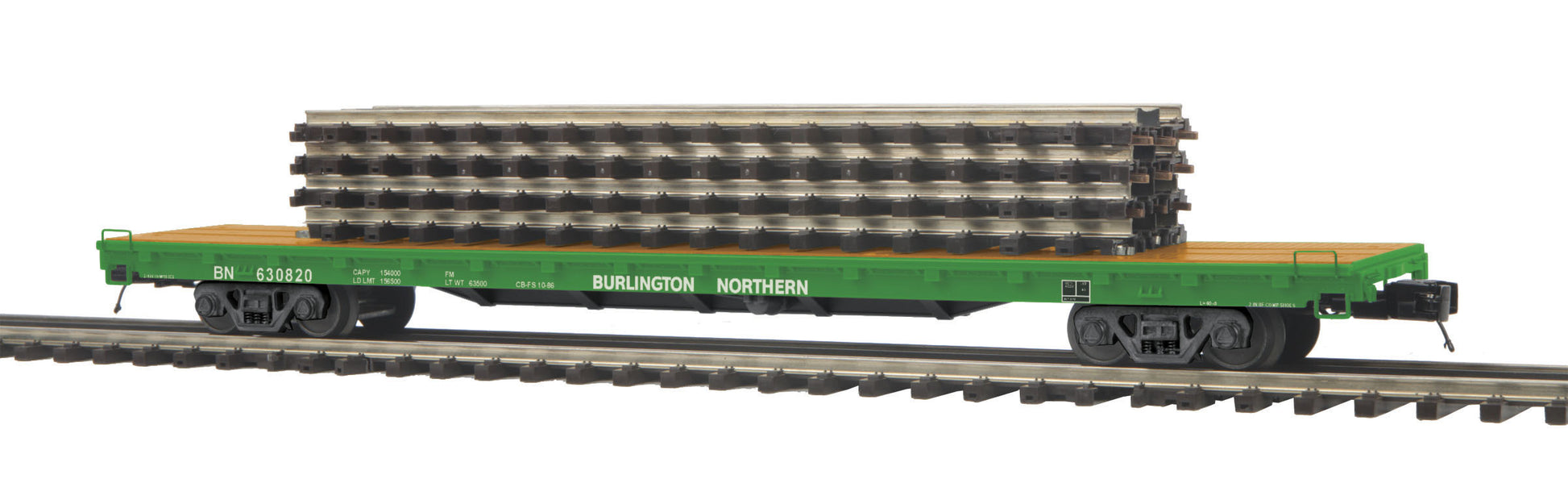 MTH 2095144 O Burlington Northern 60' Flat Car with 4 ScaleTrax 10