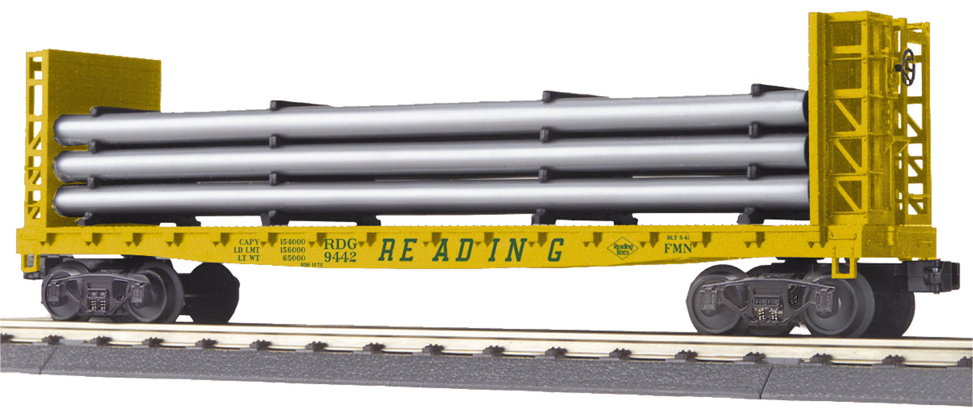 MTH 30-76590 O Reading Flat Car - with Bulkheads & Pipe Load Car #9442