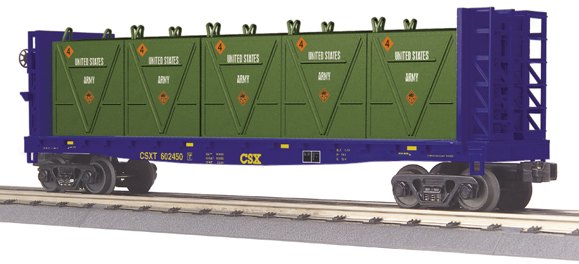 MTH 30-76602 O CSX Flat Car - with Bulkheads & LCL Containers Car #602450