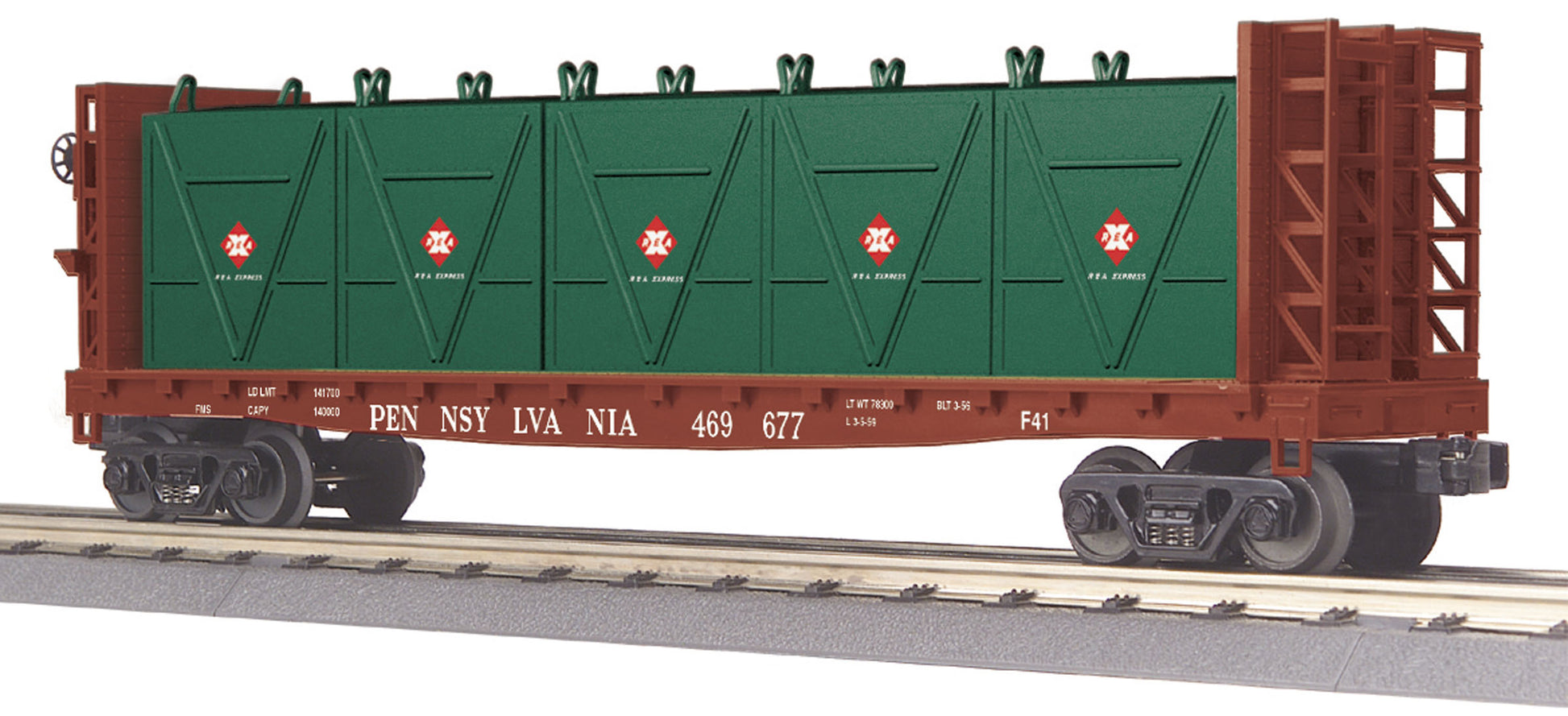 MTH 30-76603 O Pennsylvania Flat Car with Bulkheads & LCL Containers Car #469677